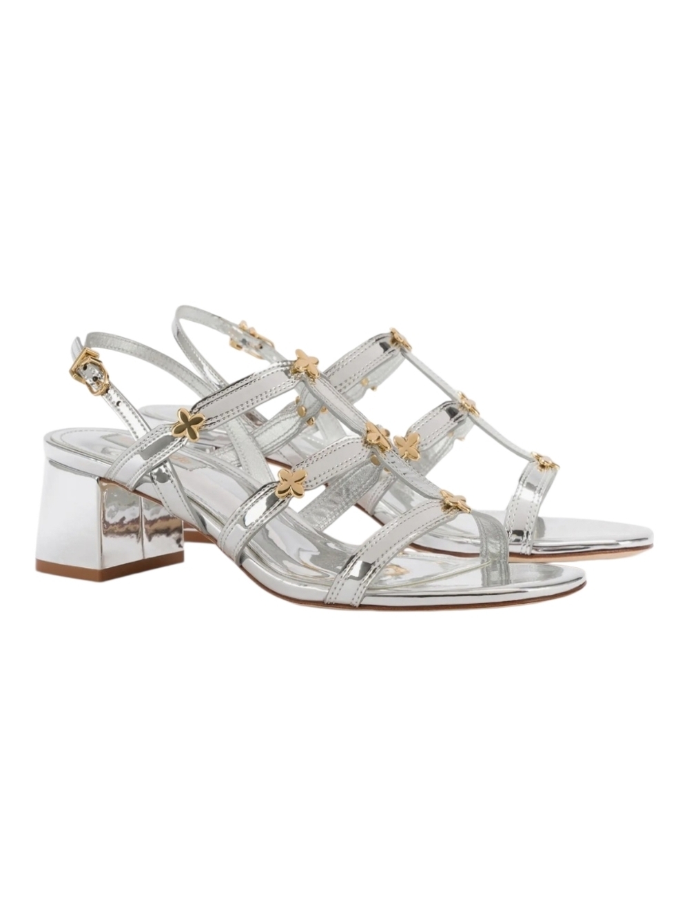 Larroudé Harmony Silver Metallic Slingback Sandals Gold Flower Block Heel 7